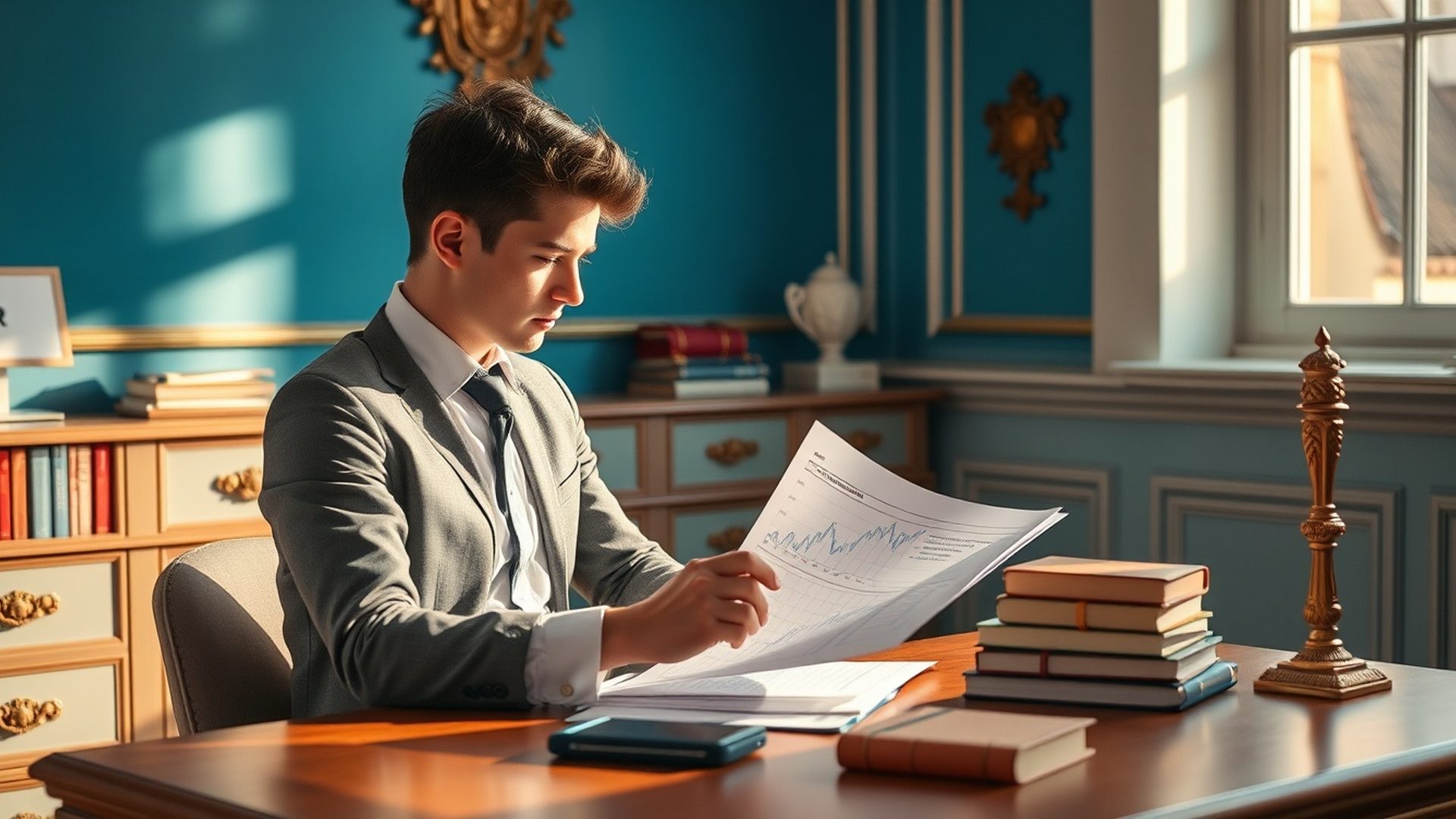 Studující profesionál u pracovního stolu s finančními grafy v pražském prostředí