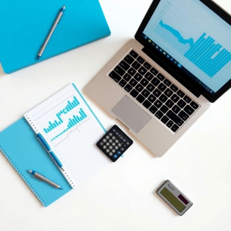 Materiály pro finanční vzdělávání – notebook, kalkulačka, laptop s grafy